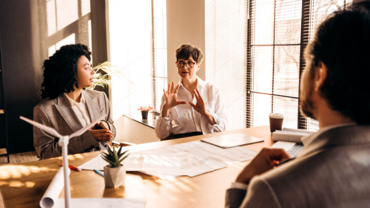 IT consultants discussing energy projects.