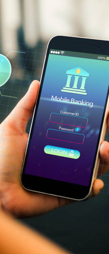 Person holder smartphone med ikoner, der symboliserer digitale bank-services